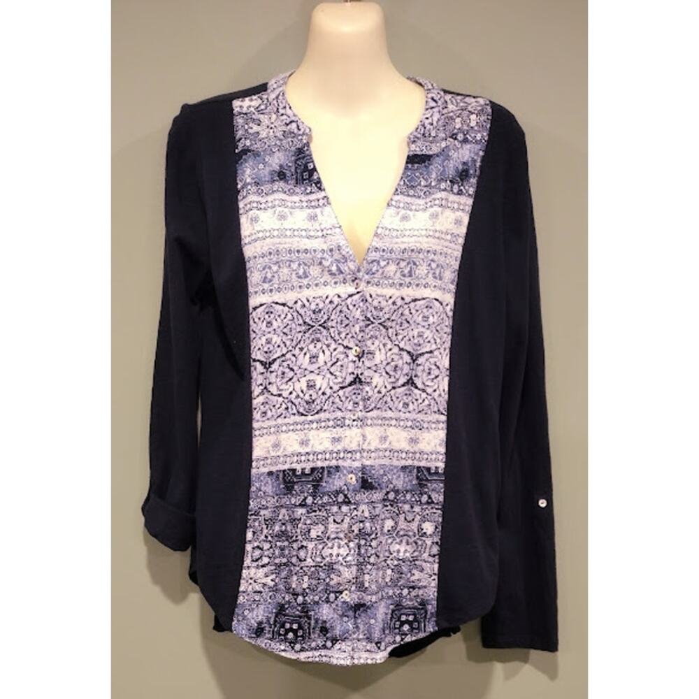 Lucky Brand V-Neck Tab Sleeve Top, Blues & White, Size M